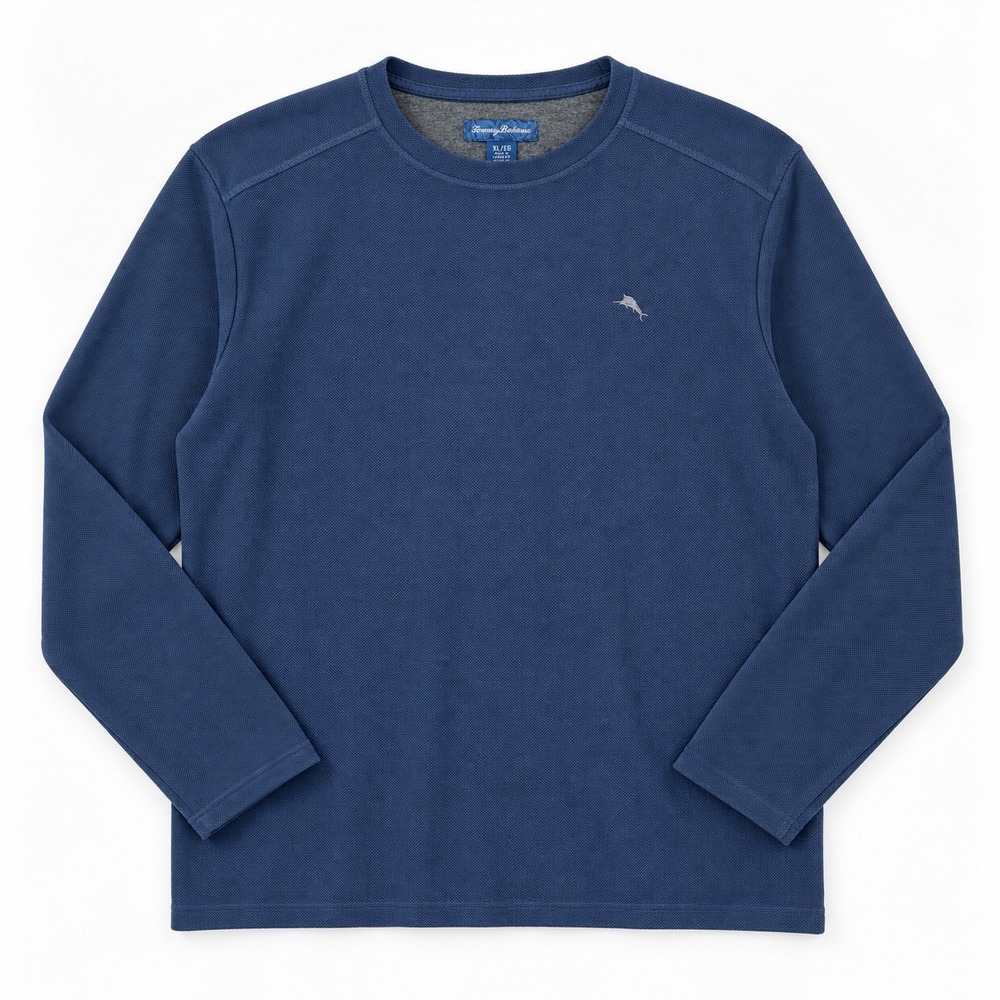 Tommy Bahama Shirt Mens XL Blue Waffle Knit Crewneck Long Sleeve Marlin Logo